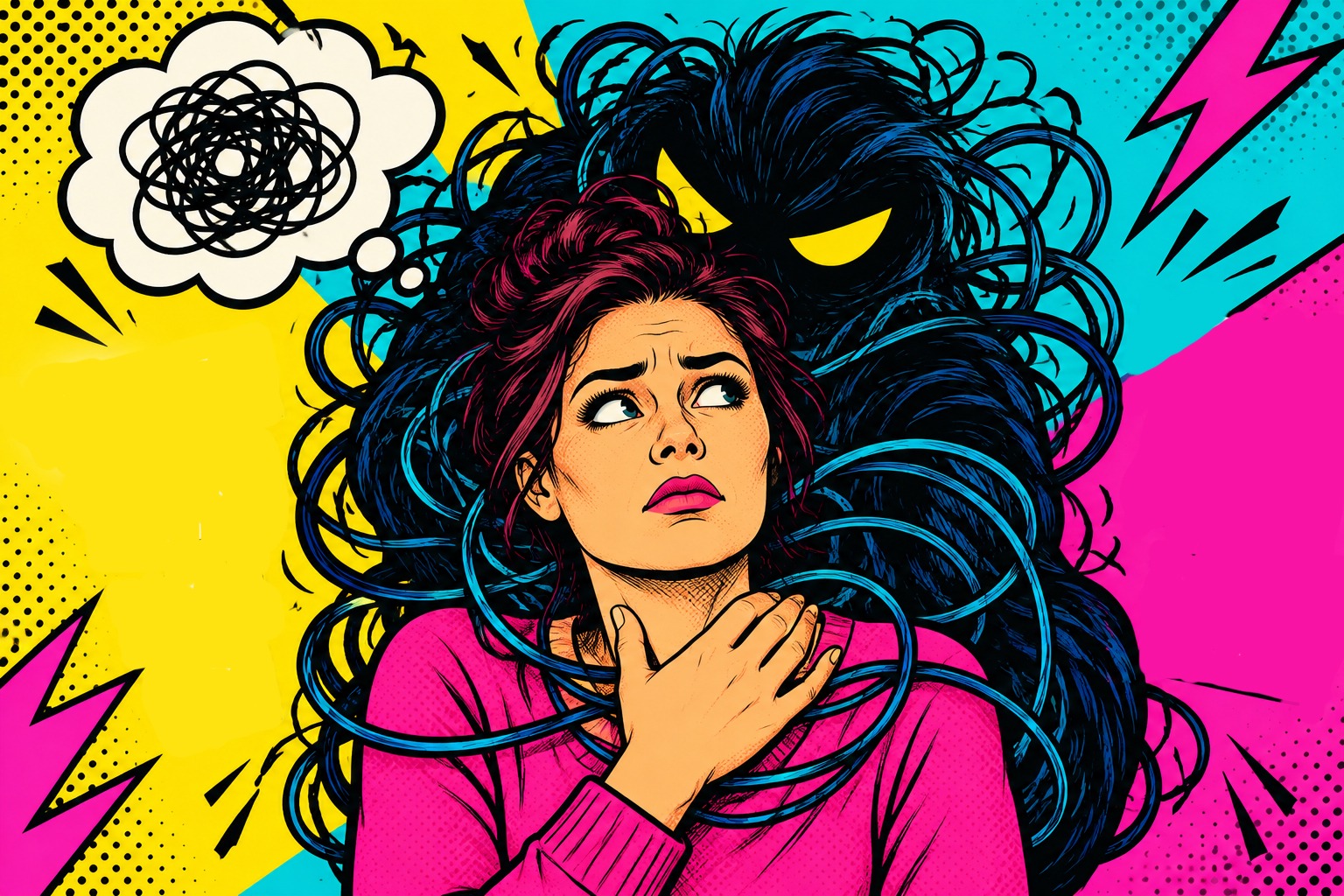 Ilustración pop sobre ansiedad: una mujer, pensamientos y una bestia interior