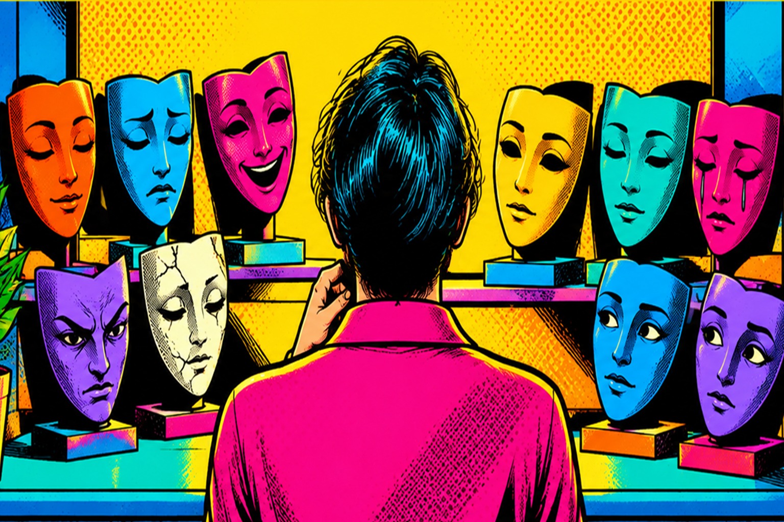 Ilustración de una persona frente a diferentes máscaras que representan emociones